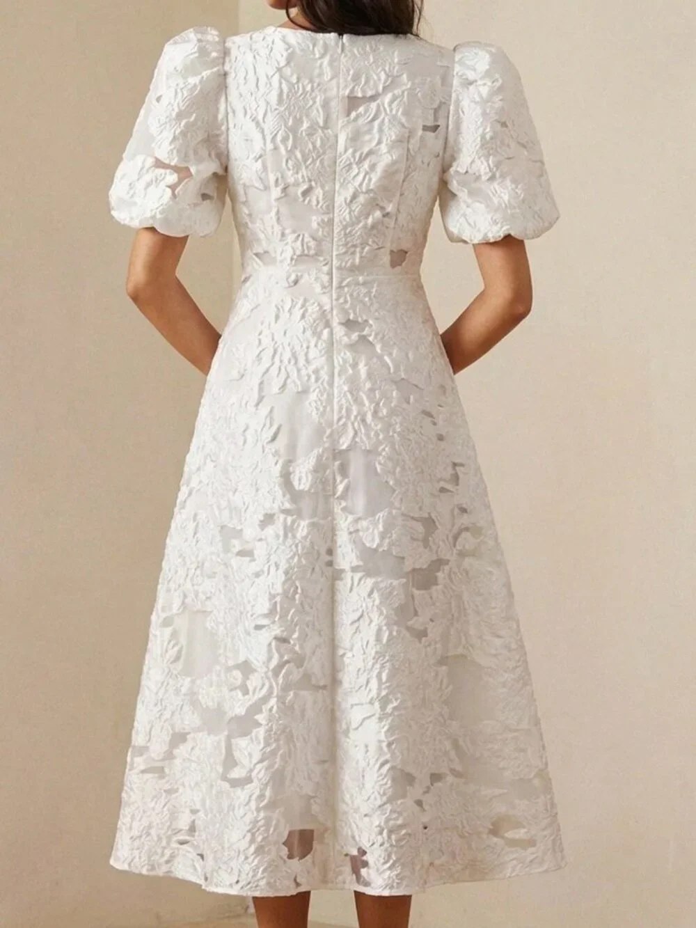 White Preppy Women's Romantic Rose 3D V-Neck Petal Sleeve Cinched Waist Dress